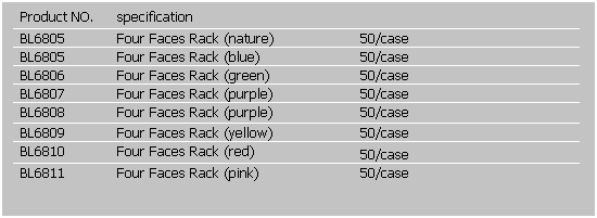 文字方塊: Product NO.
specification
 
BL6805
Four Faces Rack (nature)
50/case
BL6805
Four Faces Rack (blue)
50/case
BL6806
Four Faces Rack (green)
50/case
BL6807
Four Faces Rack (purple)
50/case
BL6808
Four Faces Rack (purple)
50/case
BL6809
Four Faces Rack (yellow)
50/case
BL6810 
Four Faces Rack (red) 
50/case 
BL6811
Four Faces Rack (pink)
50/case
 
