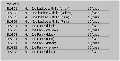 文字方塊: Product NO.
BL6301
4L，Ice bucket with lid (black)
10/case
BL6302
4 L，Ice bucket with lid (yellow)
10/case
BL6303
4 L，Ice bucket with lid (blue)
10/case
BL6304
4 L，Ice bucket with lid (Pink)
10/case
BL6321
4L，Ice Pan，(black)
10/case
BL6322
4L，Ice Pan，(yellow)
10/case
BL6323
4L，Ice Pan，(blue)
10/case
BL6324
4L，Ice Pan，(Pink)
10/case
BL6331
9L，Ice Pan，(black)
10/case
BL6332
9L，Ice Pan，(yellow)
10/case
BL6333
9L，Ice Pan，(blue)
10/case
 

